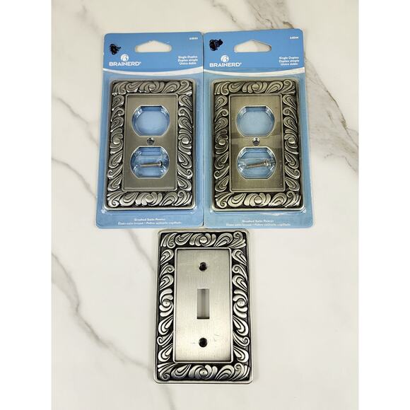 Brainerd Single Duplex Outlet + Single Switch Cover Plate Satin Pewter x3 - Picture 1 of 14